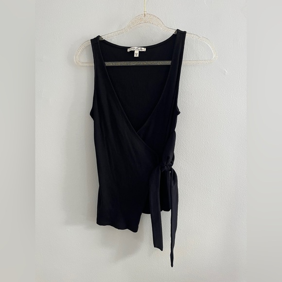 EXPRESS Black Ribbed Faux Wrap Side Tie Sleeveless Top - Picture 1 of 4